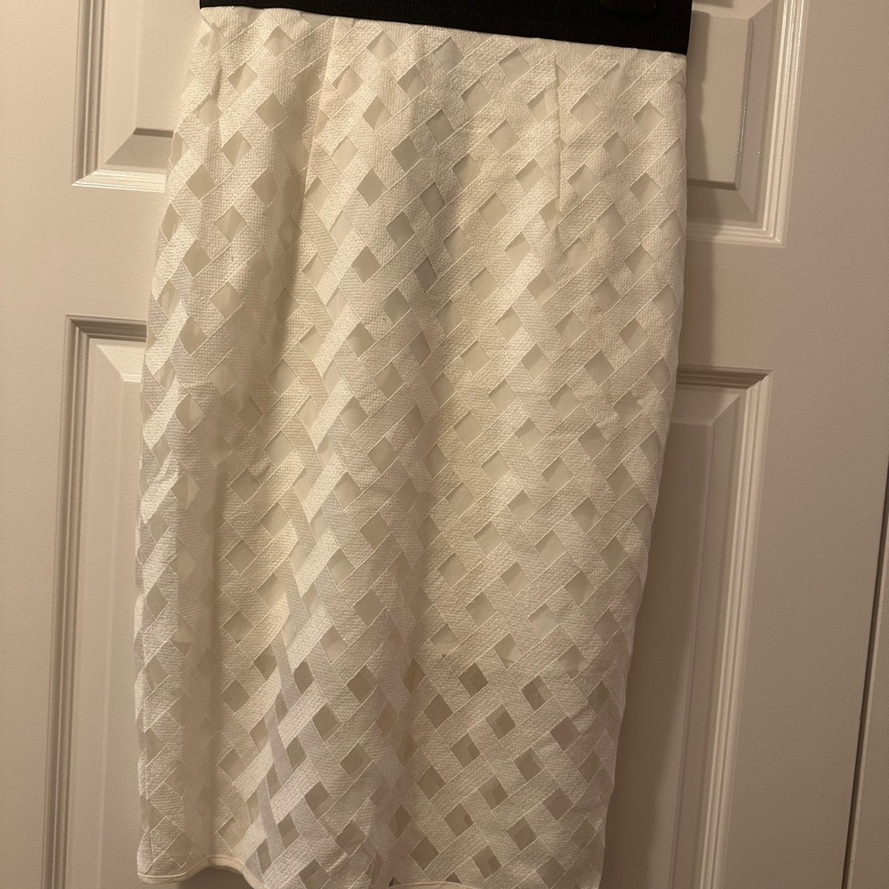 Milly Cream Basketweave Midi Skirt with Black Waistband Detail